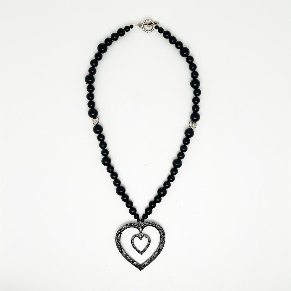 Handmade Black Beaded Double Heart Pendant Necklace Artisan Hand Crafted